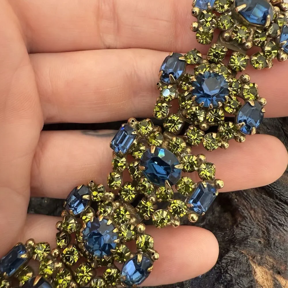 Vintage Kramer of NY Wide Runway Bracelet Green Blue Rhinestone Cluster Gorgeous